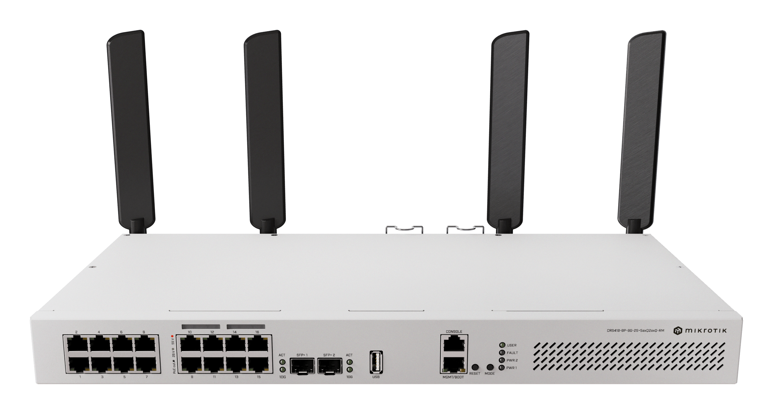 Комутатор MikroTik 17xGE, 8xPoE-out, 2xSFP+, Wi-Fi 6 (CRS418-8P-8G-2S+5axQ2axQ-RM)